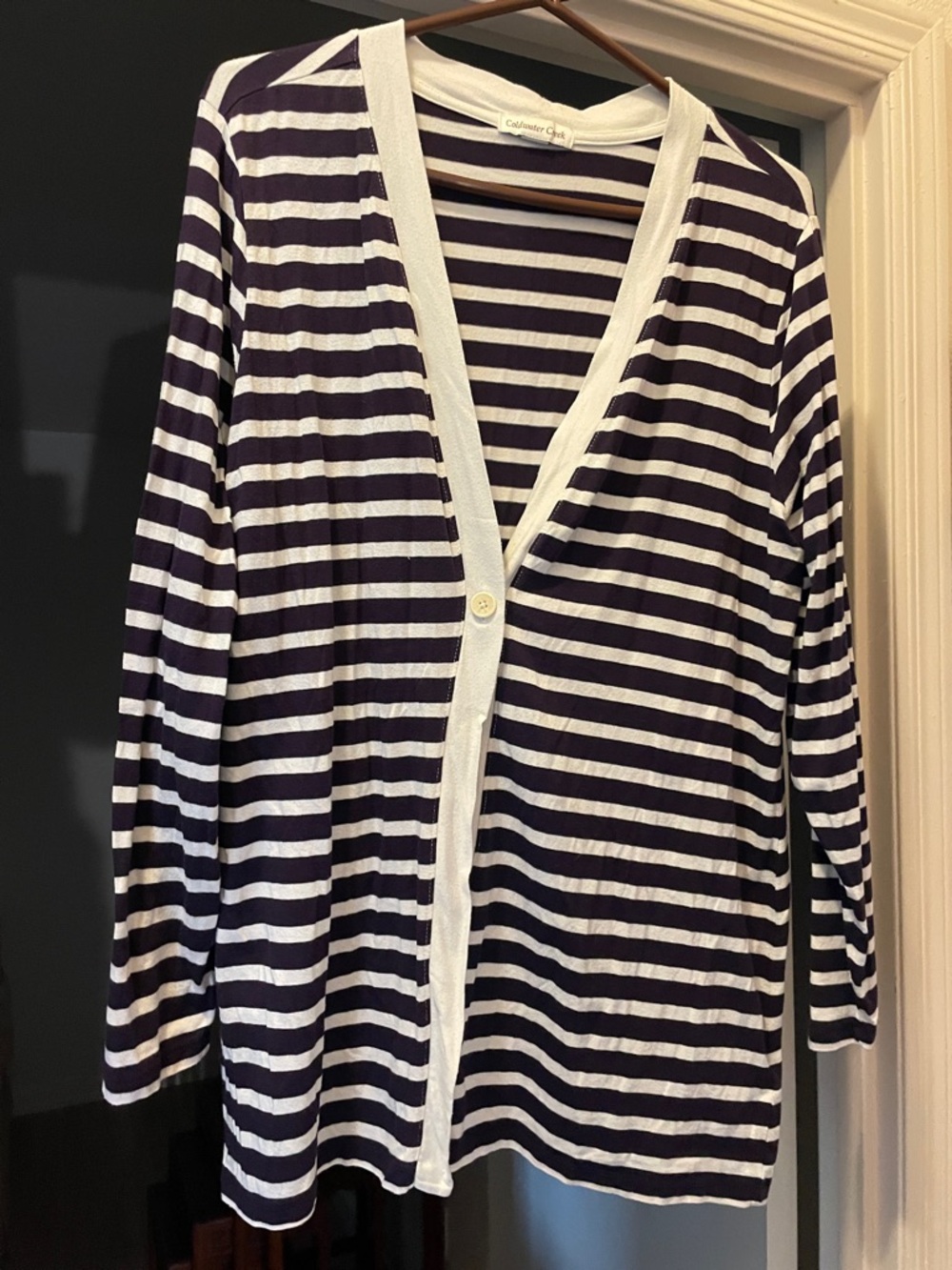 Coldwater Creek Purple Plum and White Striped Button Cardigan